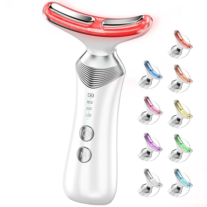 9-in-1 Red-Light-Therapy-for-Face-and-Neck, Portable Facial Massager Tool with Adjustable Vibration & Thermals for Wrinkles, Double Chin, White