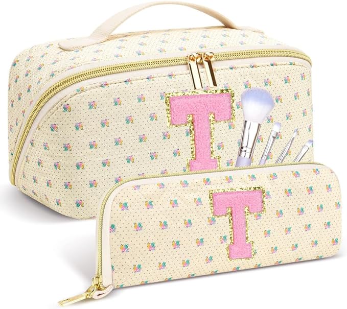Personalized Travel Makeup Bag Set,Initial Travel Cute Floral Makeup Organizer Bag,Toiletry Skincare Cosmetic Bag,Christmas Gifts for Women/Girls,Open Flat Toiletry Pouch with Brush Pocket-T
