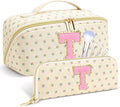 Personalized Travel Makeup Bag Set,Initial Travel Cute Floral Makeup Organizer Bag,Toiletry Skincare Cosmetic Bag,Christmas Gifts for Women/Girls,Open Flat Toiletry Pouch with Brush Pocket-T