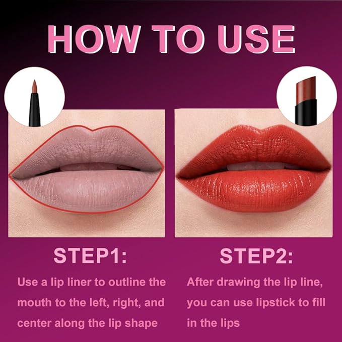 AMY'S DIARY 2Pcs Ruby Red Lipstick and Lip Liner Combo, Lip Liner and Lip Stick Kit for Women, Matte Lip Pencil and Smooth Hydrating Lipstick, Non-Stick Lip Makeup Set (06#)