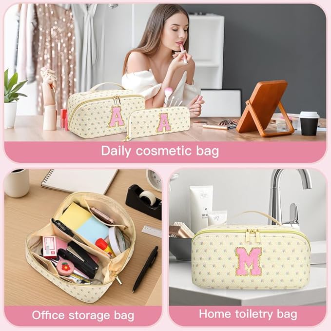 Personalized Travel Makeup Bag Set,Initial Travel Cute Floral Makeup Organizer Bag,Toiletry Skincare Cosmetic Bag,Christmas Gifts for Women/Girls,Open Flat Toiletry Pouch with Brush Pocket-A