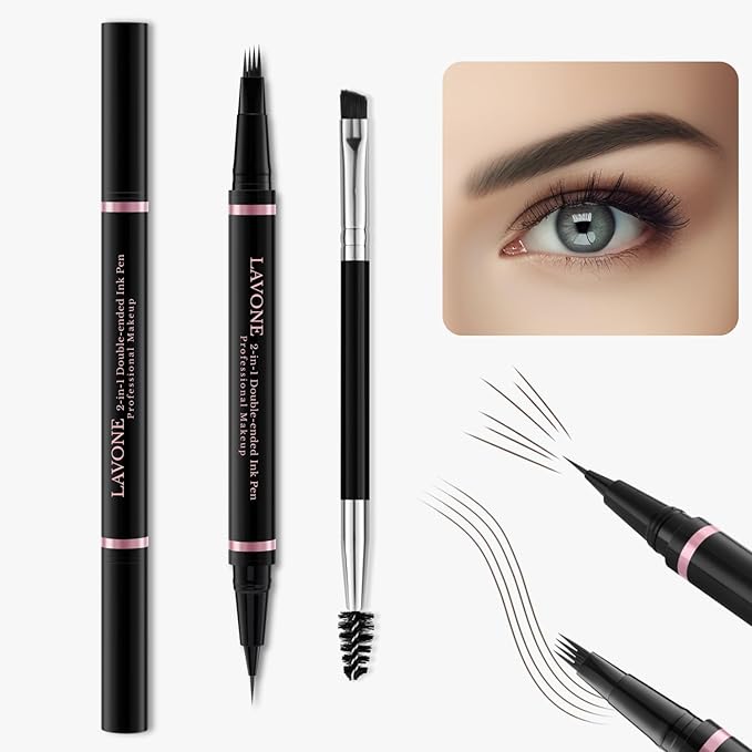 LAVONE Eyebrow Pencil Makeup Kit, with Waterproof 2-IN-1 Microblading Eyebrow Pen, Eyebrow Pomade, Eyeliner and Dual-ended Eyebrow Brush, Brow Pencil Kit for Natural Eyebrows - Black Brown