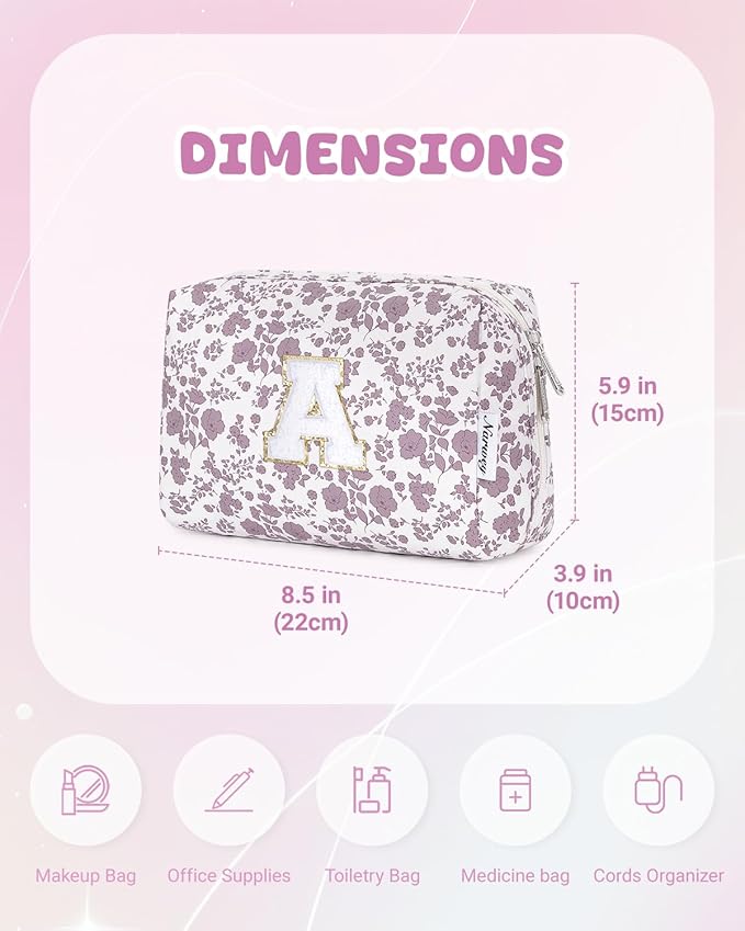 Narwey Christmas Gifts for Teen Girls Kids Women Personalized Initial Floral Makeup Bag Cute Cosmetic Trendy Stuff 6 8 10 11 12 13 14 16 18 Years Old Travel Toiletry Bag (Little Dusty Pink Flower A)