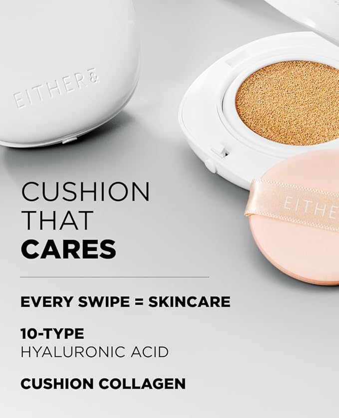 EITHER& Glow Pixel Cushion Foundation, Natural Coverage, Glow Finish – Up to 100 Hours, Moisturizing and Hydrating, Korean Beauty (#34N Acorn, 12g)