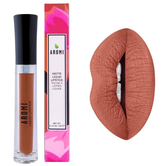 Aromi Matte Liquid Lipstick | Brown Nutmeg Lip Color, Long Wear, Transfer Proof, Paraben, Phthalate, + Gluten Free, Waterproof, Waterproof, Vegan (Dark Caramel)