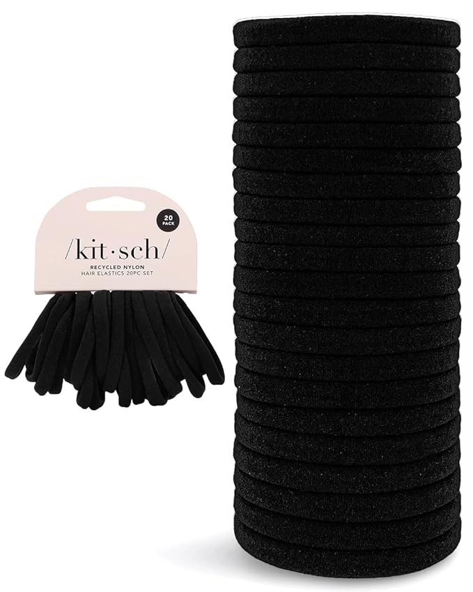 Kitsch Black Hair Ties No Damage - Strong, Stretchy Hair Bands | Soft Nylon Ponytail Holders, Snag-Free Rubber Bands, Perfect for Updos & Braids | Ideal Gifts for Women - Black, 20pcs