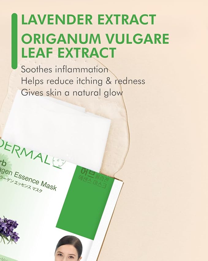 DERMAL Herb Collagen Essence Facial Mask Sheet 23g Pack of 10 - Skin Clear and Purifying, Pore Tightening, Calming for Oily Skin, Daily Skin Treatment Solution Sheet Mask