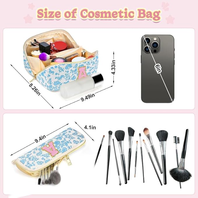 Personalized Travel Makeup Bag Set,Initial Travel Cute Floral Makeup Organizer Bag,Toiletry Skincare Cosmetic Bag,Christmas Gifts for Women/Girls,Open Flat Toiletry Pouch with Brush Pocket-J