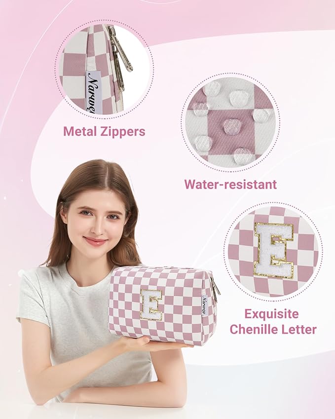 Narwey Birthday Gifts for Teen Girls Kids Women Personalized Initial Checkered Makeup Bag Pink Monogram Cosmetic Bag Trendy Stuff 6 8 10 11 12 13 14 16 18 Years Old Travel Toiletry Bag (Dusty Rose J)