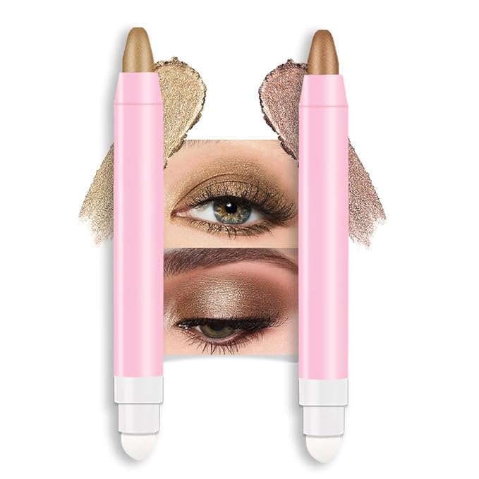 evpct 2Pcs Cream Eye Shadow Brightener Sticks Set for Eyes Waterproof, Light Khaki & Bronze Shimmer Cream Eyeshadow Applicator Stick Long Lasting Pigmented Eye Makeup sombras en crema para ojos 4+20