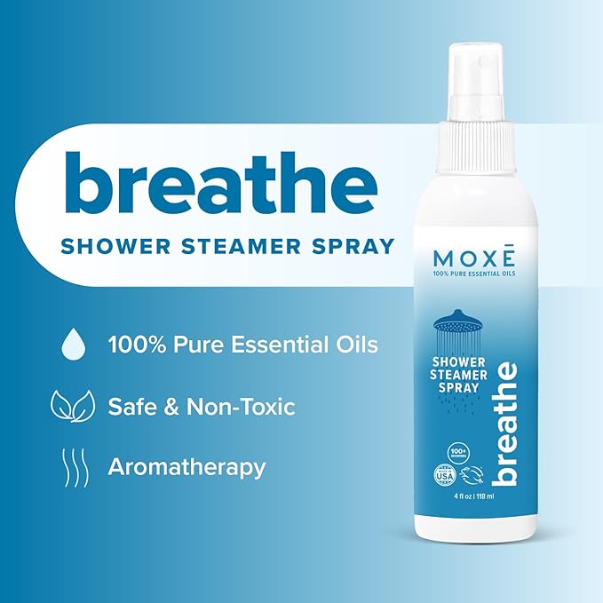 MOXE Shower Mist, Spa Steam Spray, Certified Natural Essential Oils, Aromatherapy, Tension Relief (Breathe, 4 Fl Oz (Pack of 2))