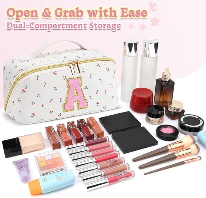 Personalized Travel Makeup Bag Set,Initial Travel Cute Cherry Makeup Organizer Bag,Toiletry Skincare Cosmetic Bag,Christmas Gifts for Women/Girls,Open Flat Toiletry Pouch with Brush Pocket-G