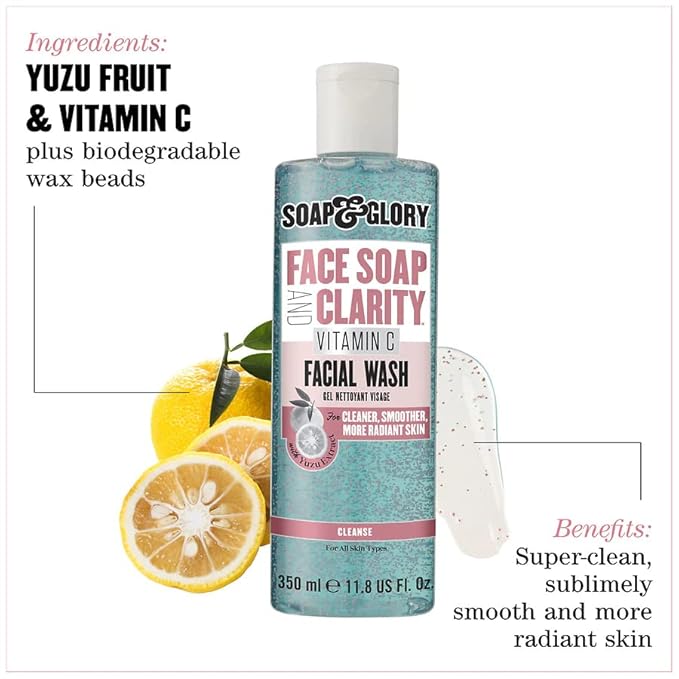 Soap & Glory Vitamin C Brightening Facial Cleanser - 3 in 1 Foaming Face Wash, Makeup Remover & Facial Exfoliant - Deeply Cleanses, Purifies & Hydrates for Radiant, Smooth Skin (11.8 fl oz)