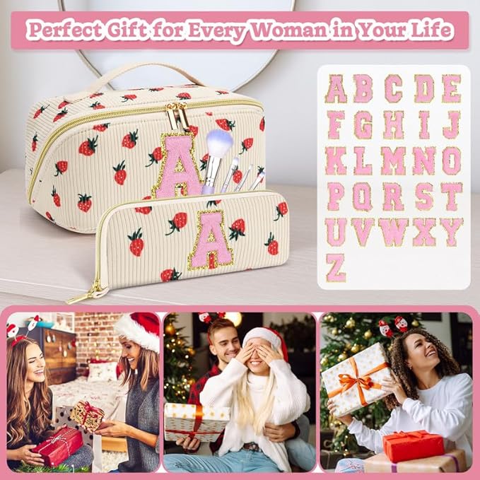 Personalized Travel Makeup Bag Set,Initial Travel Strawberry Makeup Organizer Bag,Toiletry Skincare Cosmetic Bag,Christmas Gifts for Women/Girls,Open Flat Toiletry Pouch with Brush Pocket-J