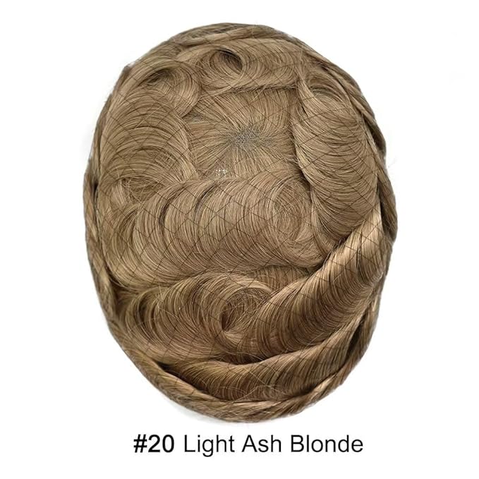 Mens Toupee Human Hair Piece French Lace Toupee for Man Hair System Indian Human Hair Replacement Systems V-Looped PU Front Hairpieces 6"X8" #20 light ash blonde