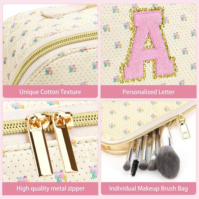 Personalized Travel Makeup Bag Set,Initial Travel Cute Floral Makeup Organizer Bag,Toiletry Skincare Cosmetic Bag,Christmas Gifts for Women/Girls,Open Flat Toiletry Pouch with Brush Pocket-G