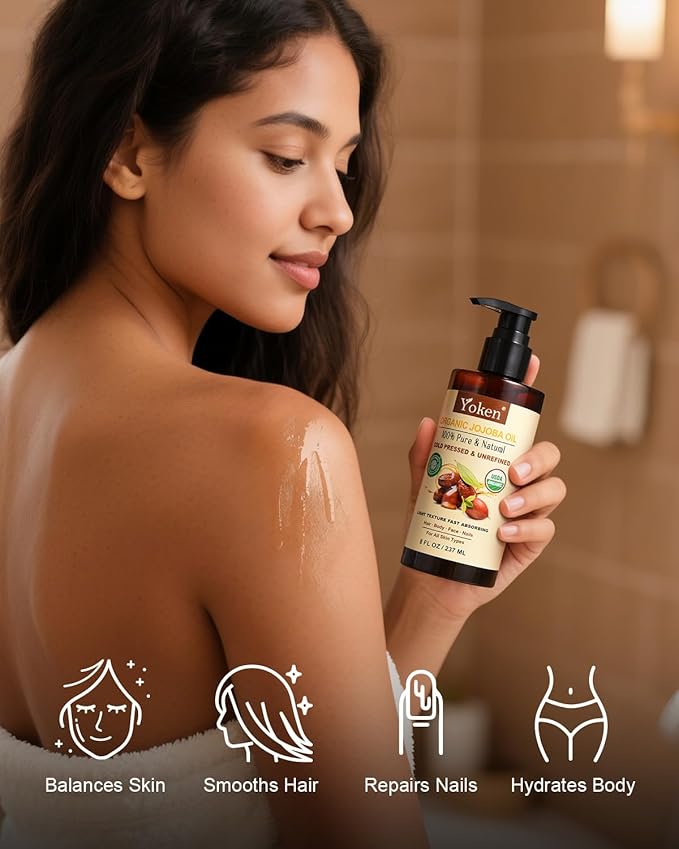 USDA Organic Jojoba Oil Cold Pressed 8 fl oz, 100% Pure & Natural Unrefined Jojoba Oil for Face Hair & Skin Massage, Hexane Free, Deeply Moisturizing Body Carrier oils Multi-Purpose Serum