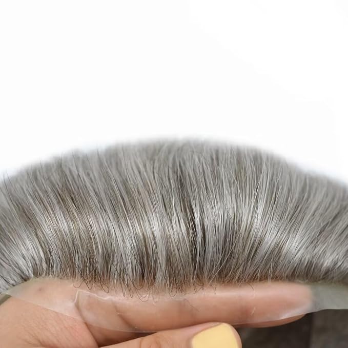 Mens Toupee Human Hair Piece French Lace Toupee for Man Hair System Indian Human Hair Replacement Systems V-Looped PU Front Hairpieces 6"X9" #60RY