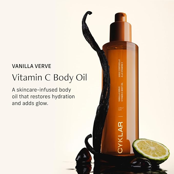 CYKLAR Vitamin C Body Oil for Women and Men. Moisturizing Vanilla Verve Scented Body Serum for Glowing Skin. Nourishing, Hydrating After-Shower and Bath Skin Care Moisturizer, 4.2 Fl Oz