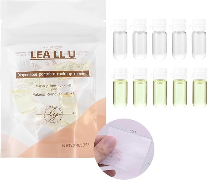 2 in 1 Disposable Makeup Remover Set, Portable Mini Liquid Remover Oil serum 10 Pieces, Includes 20 Remover Cottons, Natural Deep Cleanser for Face, Portable Skincare Facial Oil