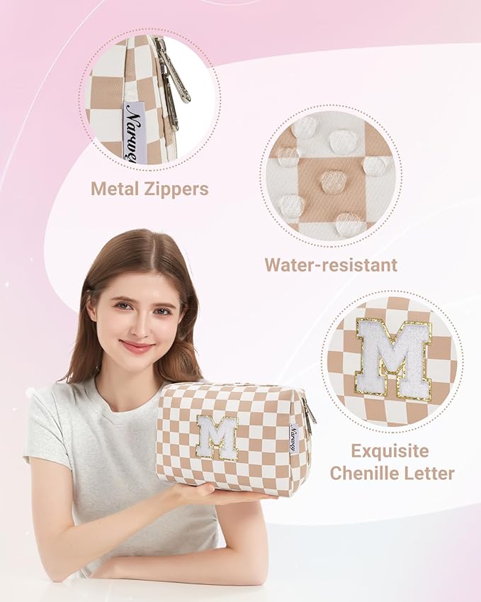 Narwey Birthday Gifts for Women Girls, Initial Makeup Bag for Bridesmaid Teacher Sister Friend Daughter Graduation Gifts, Personalized Monogram Cosmetic Toiletry Bag, Teen Girls Trendy Stuff (Brown M)