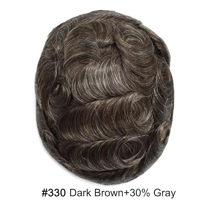 Toupee for Men French Lace Center Human Hair Replacement Systems Lace Center Hair Piece Mens Toupee Hair Units for Man V-Looped Male Hair Prosthesis 7"X9" #330 Dark Brown with 30% Gray