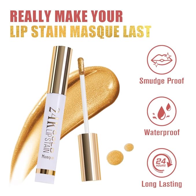 All Day Lip Stain Peel Off Gold Liquid Lip Gloss Tattoo, Brownish Red Matte Finish Peel Off Lip Stain Masque, Long Lasting Waterproof Lip Tint, Transfer-proof for All Skin Types 02#