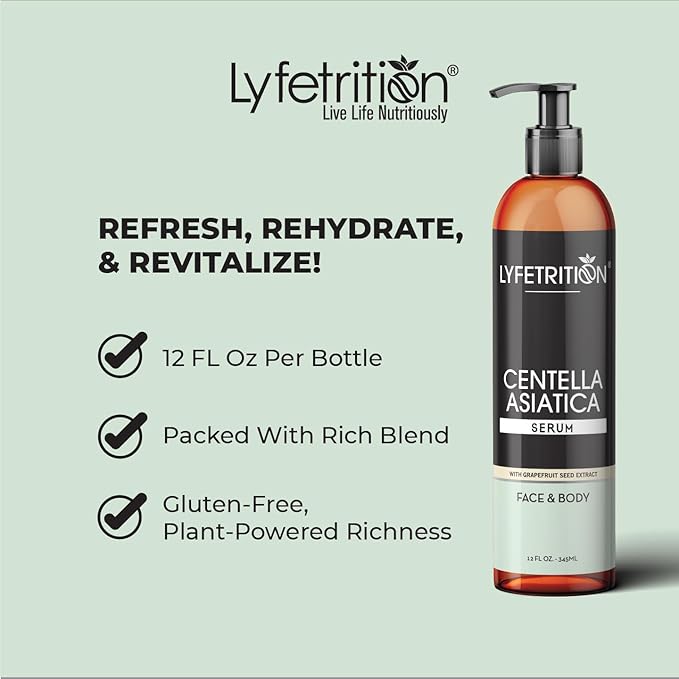 Lyfetrition Centella Asiatica Cica Serum - 12 Fl Oz Large Bottle - Anti-Aging Face Serum for Sensitive Skin Cream - Boosts Collagen Production Younger Skin