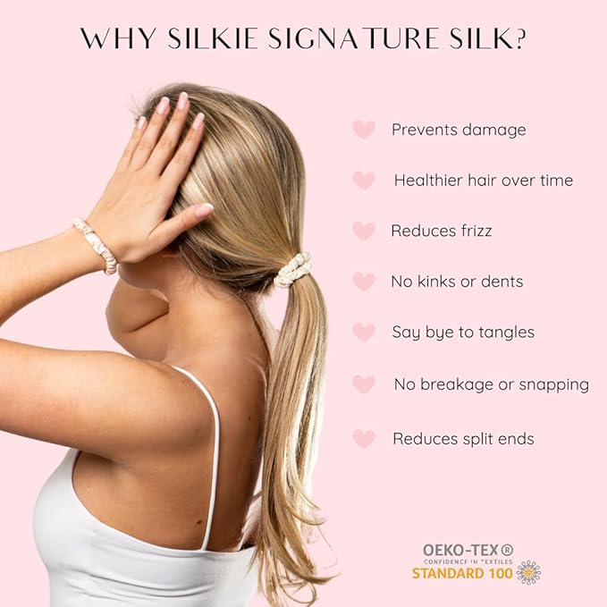SILKIE x6 Set 100% Pure Mulberry Silk Black Brown Chocolate Pink Nude Neutral Skinny Scrunchies Travel Pouch Everyday Hair Ties Elastics Hair Care Ponytail Holder No Damage (Truffle)