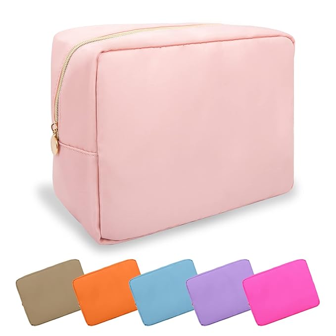 Large Makeup Bag Pouch,Nylon Women Travel Toiletry Storage Bag Preppy Cosmetic Bag for Girls,Big Makeup Organizer Bag Cute Zipper Pouch Skincare Bag for Sport Work Gift(Large-Flamingo)
