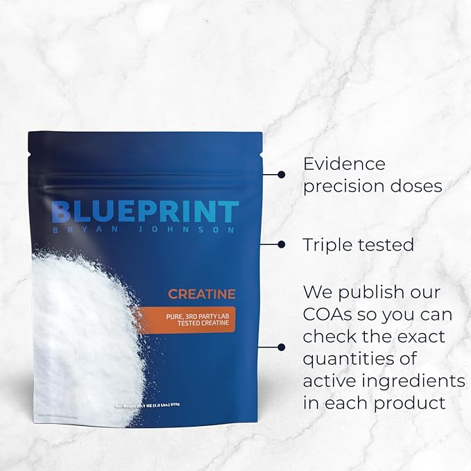 Blueprint Bryan Johnson Creatine Monohydrate Powder – Amino Acid Powder - Suppliment Supports Muscle Growth, Recovery, Strength & Focus – Unflavored Creatine for Women & Men – 5g Dose – 100 Servings