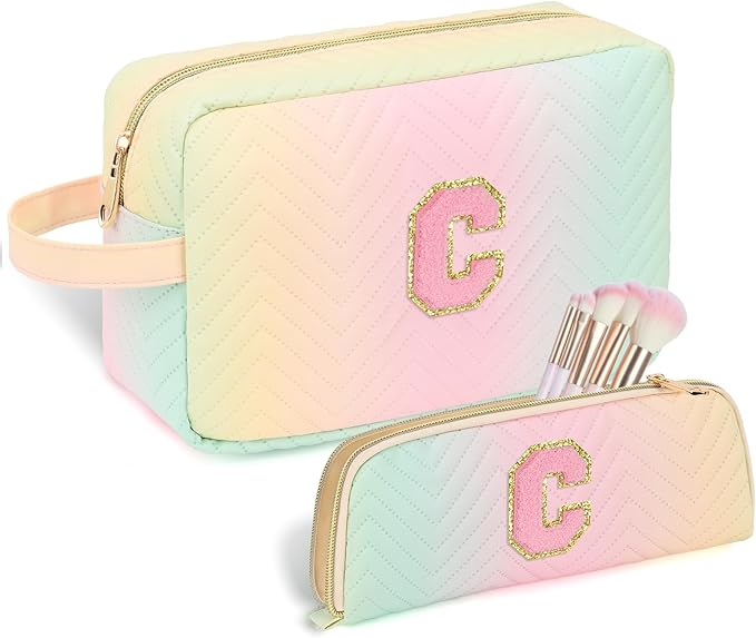 Personalized Initial Makeup Bag Trendy Stuff Leather Waterproof Cosmetic Bag Travel Toiletry Bag, Christmas/Thanksgiving/Halloween Gifts Makeup Organizer Case for Women Girls Mom Girlfriend Wife