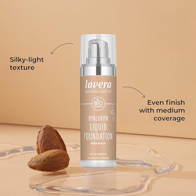lavera Hyaluron Liquid Foundation - Warm Nude 03 - Foundation Make Up with Hyaluron & Almond Oil for a Flawless Complexion - Face Make Up - PETA Certified - Vegan - Made in Germany - 1 Fl Oz