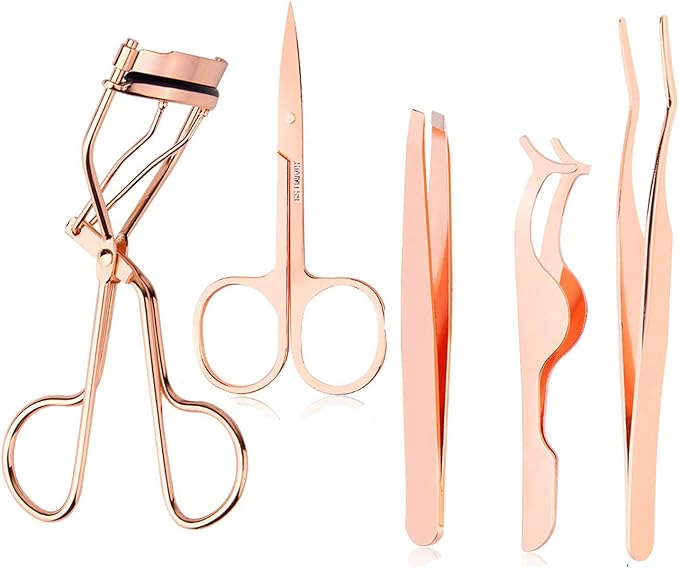 5 Pieces Eyelash Applicator Tool False Eyelashes Applicator Eyebrow Curler Eyebrow Scissors (Rose Golden)