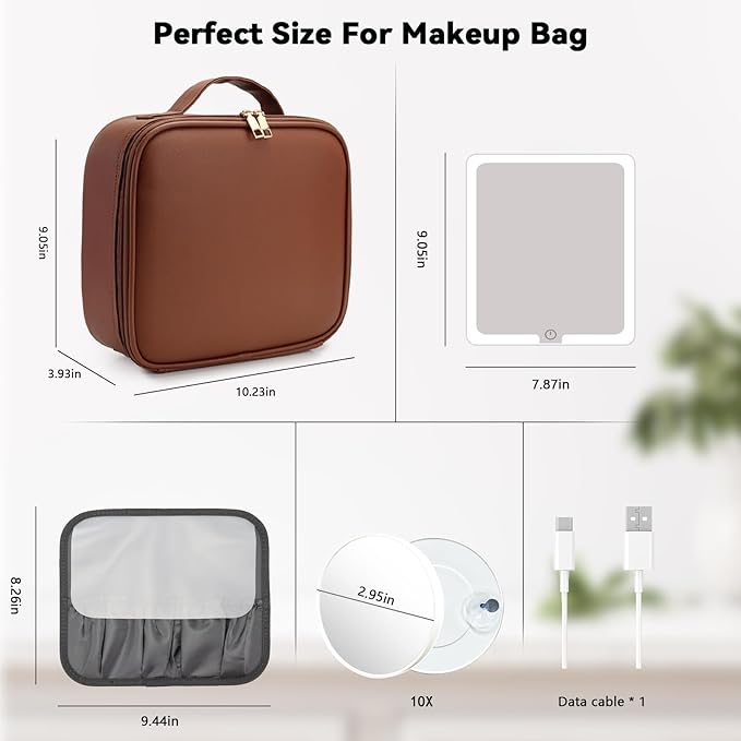 Travel Makeup Bag with LED Mirror and 10x magnifying glass with 3 Lighted Settings, Adjustable Dividers and Makeup Brush Storage Bag Dark Brown