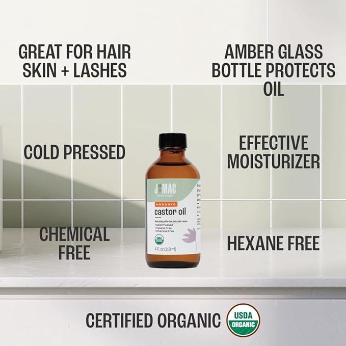 J MAC BOTANICALS Organic Castor Oil Cold Pressed (Glass Bottle, 4 oz, NO DROPPER), pure hexane free castor oil for face, skin, eyelashes