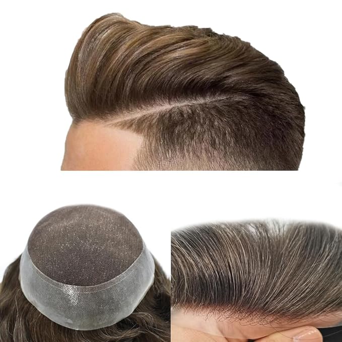 Toupee for Men French Lace Center Human Hair Replacement Systems Transparent Lace Center Hair Piece Mens Toupee Hair Units for Man V-Looped Front Male Hair Prosthesis 6"X9" 3# DARK BROWN