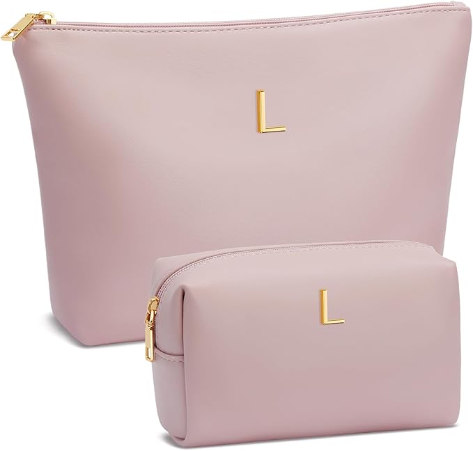 Women Gifts | Initial Makeup Bag Set for Girl Personalized Gifts for Bridesmaid Friend Graduation Teachers PU Leather Cosmetic Travel Toiletry Bag(Pink,L)