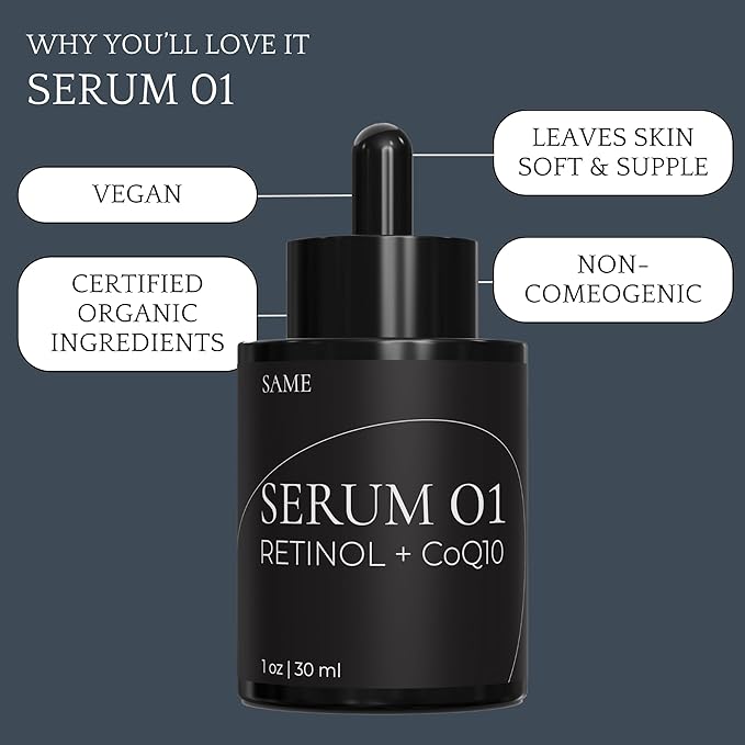 Same Skincare Face Serum 01: CoQ10 Retinol Serum for Face, Vitamin C, Hyaluronic Acid, Facial Serum Supports Anti Aging, Acne, Skin Texture, Fine Lines & Wrinkles, Organic, Vegan, Cruelty Free, 1 oz