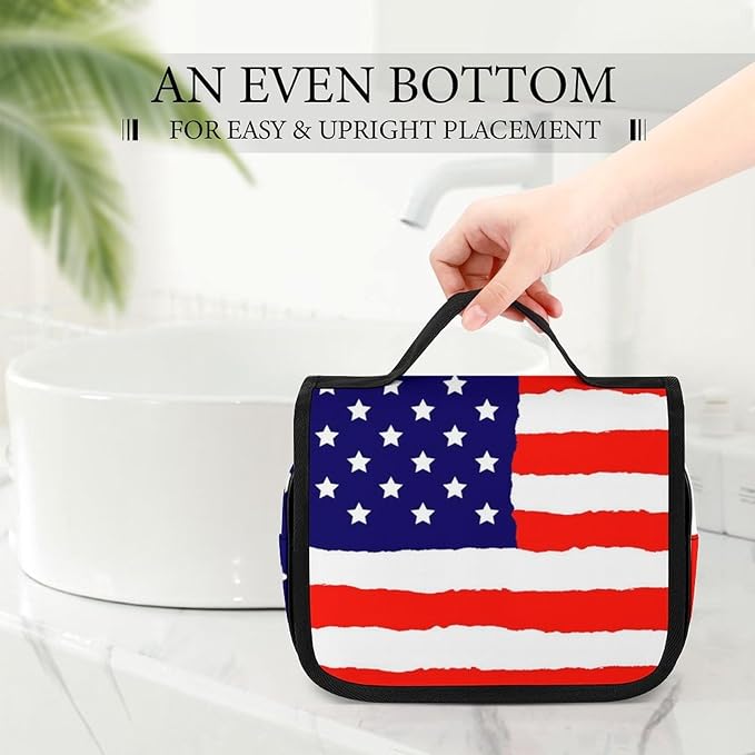 Travel Toiletry Bag, Portable Makeup Bag with Hanging Hook, Hanging Organizer for Women Men Shampoo, Conditioner, Brushes Set, Red Blue White American Flag