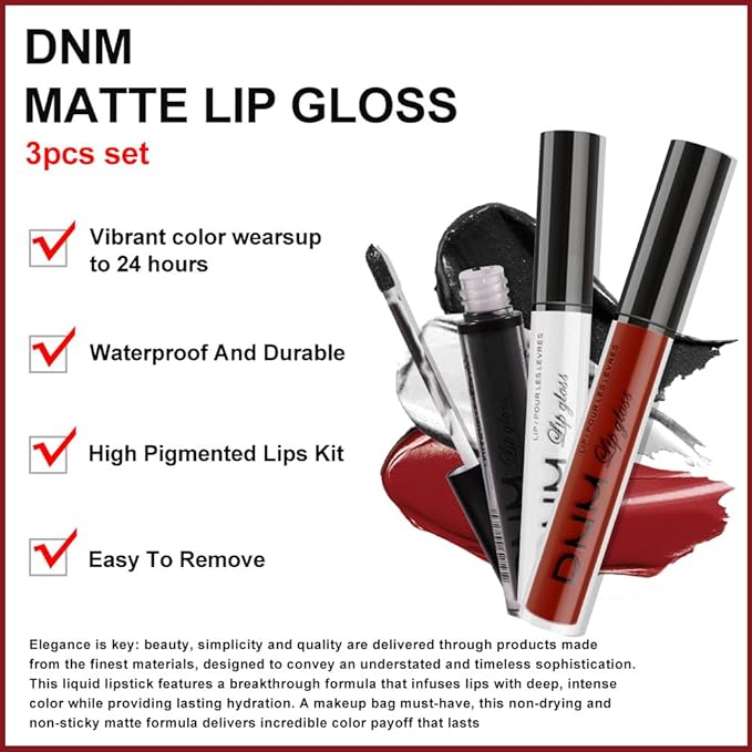 AMY'S DIARY Dark Red White Black Matte Plum Liquid Lipstick 3Pcs Sets,24-hour Lipstick Long Lasting Permanent L Magic Lipstick Waterproof Lip Stain 24 Smudge Waterproof for Women (Set17)