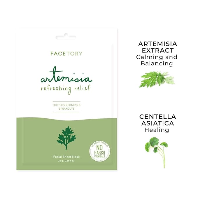 FACETORY K Beauty Face Mask Skin Care - ARTEMISIA REFRESHING RELIEF Sheet Mask with Artemesia Plant Extract | Soothes Redness & Breakouts (10 Pack)