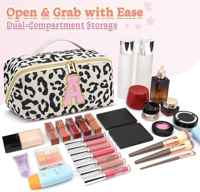 Personalized Travel Makeup Bag Set,Initial Travel Cute Leopard Makeup Organizer Bag,Toiletry Skincare Cosmetic Bag,Christmas Gifts for Women/Girls,Open Flat Toiletry Pouch with Brush Pocket-E