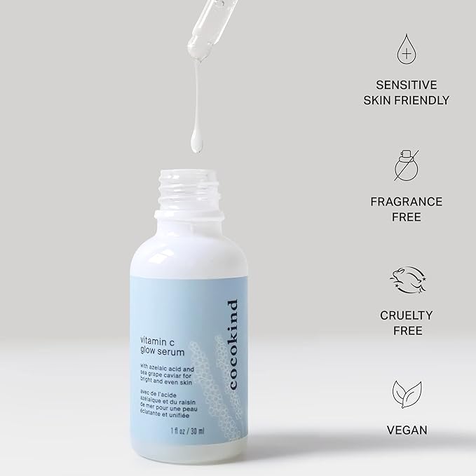 Cocokind Vitamin C Glow Serum with Azelaic Acid and Sea Grape Caviar for Bright and Even Skin, 1 Fl Oz