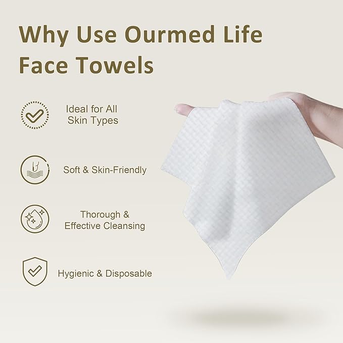 Ourmed Life Face Towels, Disposable Biodegradable Facial Towels for Sensitive Skin, Lint- free Facial Wipes for Washing Face, Skincare and Makeup Remover, Dry Wipes, 10"×7.9" Extra Large, 120 Count