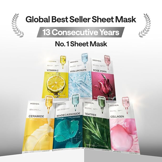 Mediheal Madecassoside Essential Sheet Mask Blemish Repair 10 pcs. 98% Purity Madecassoside & Hyaluronic Acid Included. Enhancing Moisture Barrier & Skin Texture Care. Vegan Formula Sheet Mask