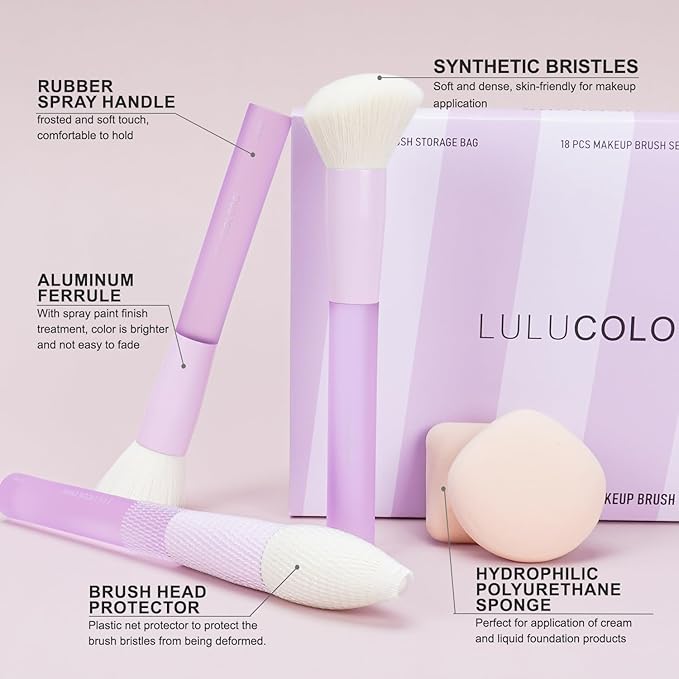 18-Piece Light Purple Professional Makeup Brush Set – Translucent Rubberized Handles, Soft Synthetic Bristles for Face & Eye Makeup–Includes Travel Bag & Sponges, Complete Brush Collection