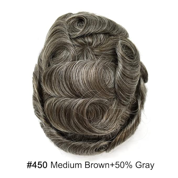 FACE MIRACLE Toupee for Men French Lace Hairpiece Human Hair Replacement System Skin PU Mens Toupee Hair Wigs for Man V-Looped Front Hair Prosthesis 8"X10" #450 4# MEDIUM BROWN WITH 50% SYNTHETIC GREY