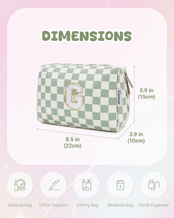 Narwey Birthday Gifts for Teen Girls Kids Women Personalized Initial Checkered Makeup Bag Preppy Cosmetic Bag Trendy Stuff 6 8 10 11 12 13 14 16 18 Years Old Travel Toiletry Bag (Green Letter G)