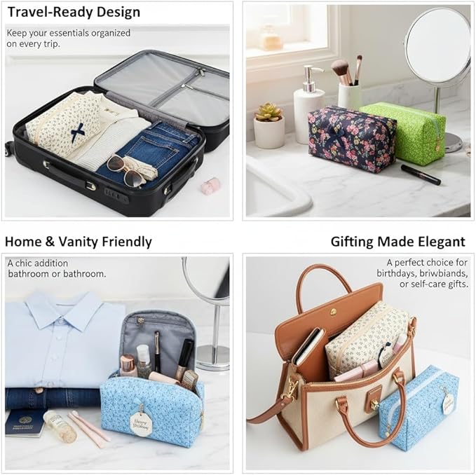 Floral Cotton Makeup Brush Cosmetic Bag for Women, Travel Quilted Zipper Pouch, Large Capacity Flowers Toiletry Organizer, Kawaii Makeup Storage Case, Cosmetic Travel Cloth Bag–Navy Big Floral
